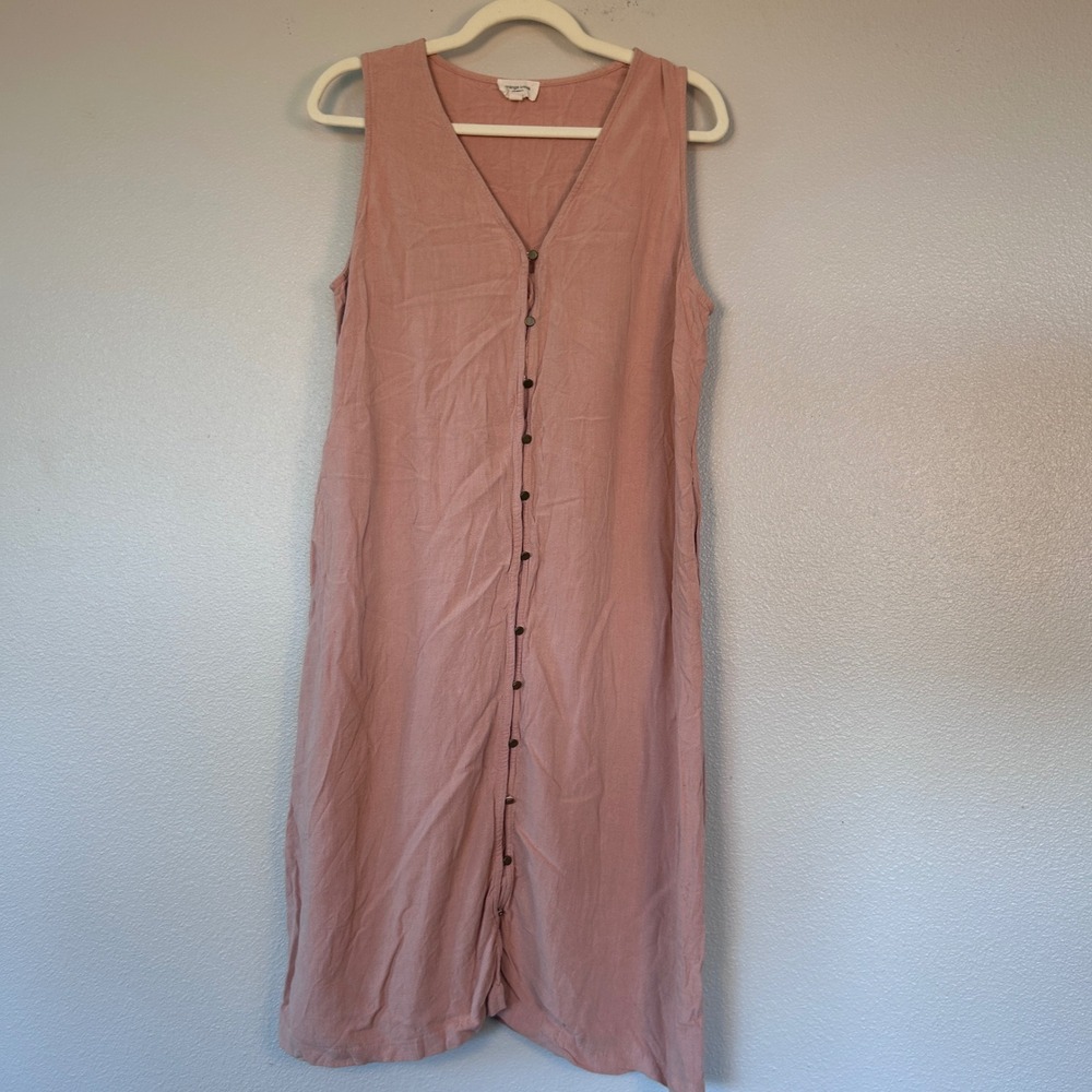 Orange Creek Womens Pink Linen Blend Button Front Midi Dress Pockets ID4598 L